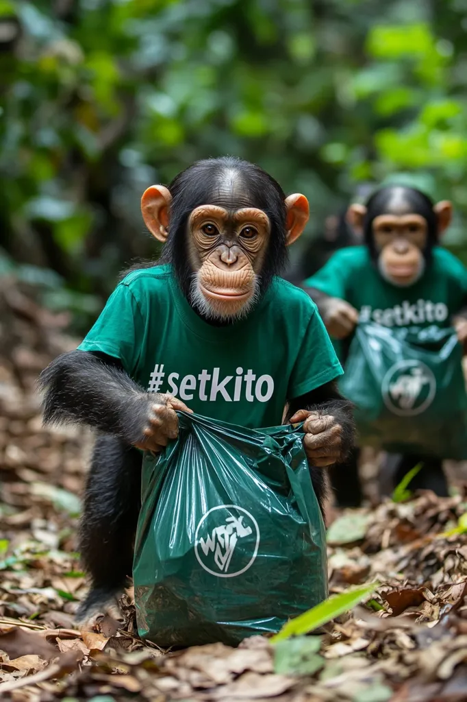 A chimpanzee wearing a green t-shirt with the words "#setkito" printed on it is holding a large green garbage bag. The chimpanzee is looking directly at the camera. There is another chimpanzee in the background, also wearing a green t-shirt and carrying a garbage bag. Both chimpanzees are in a lush green forest setting.