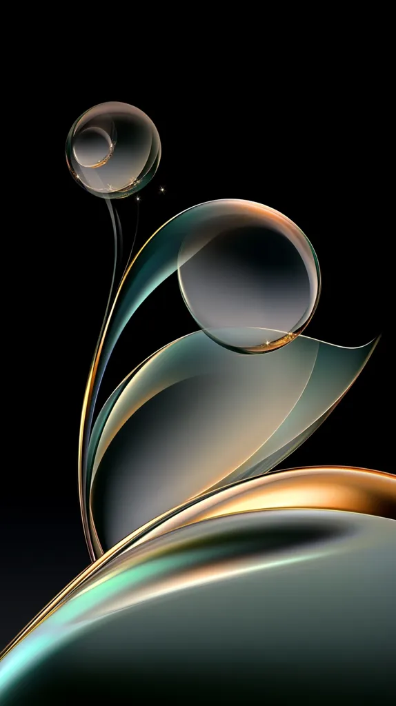 The image features a sleek, abstract design with two translucent spheres, one above the other, connected by flowing, iridescent lines. The spheres are partially obscured by the swirling lines, creating a sense of depth and movement. The colors are muted, with shades of gray, teal, and gold dominating the composition. The background is a deep black, adding contrast and emphasizing the luminous qualities of the spheres and lines. The overall impression is one of elegance, fluidity, and ethereal beauty.