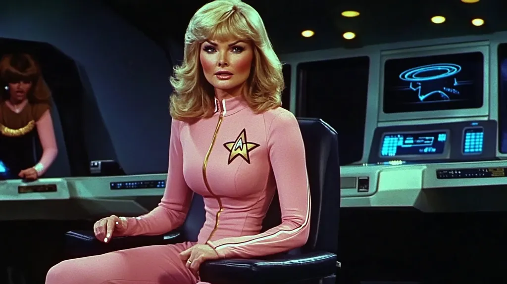 A woman with long blonde hair sits in a chair in a futuristic setting. She is wearing a pink jumpsuit with a gold star on the chest. The room is dimly lit and has a blueish hue. The woman's face is highlighted by a nearby light source. There are several computer screens behind her, one displaying a graphic of a circle.  The image is a still from a science fiction film or television show.