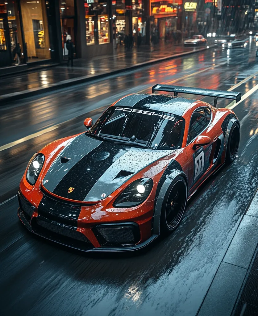 A sleek, orange Porsche sports car with black and grey racing stripes, and a large rear wing,  is driving down a wet city street. The car is covered in raindrops, reflecting the bright city lights. The street is deserted, with only a few blurry cars in the background. The car's headlights shine brightly, illuminating the wet asphalt. The overall tone of the image is one of speed, power, and solitude.
