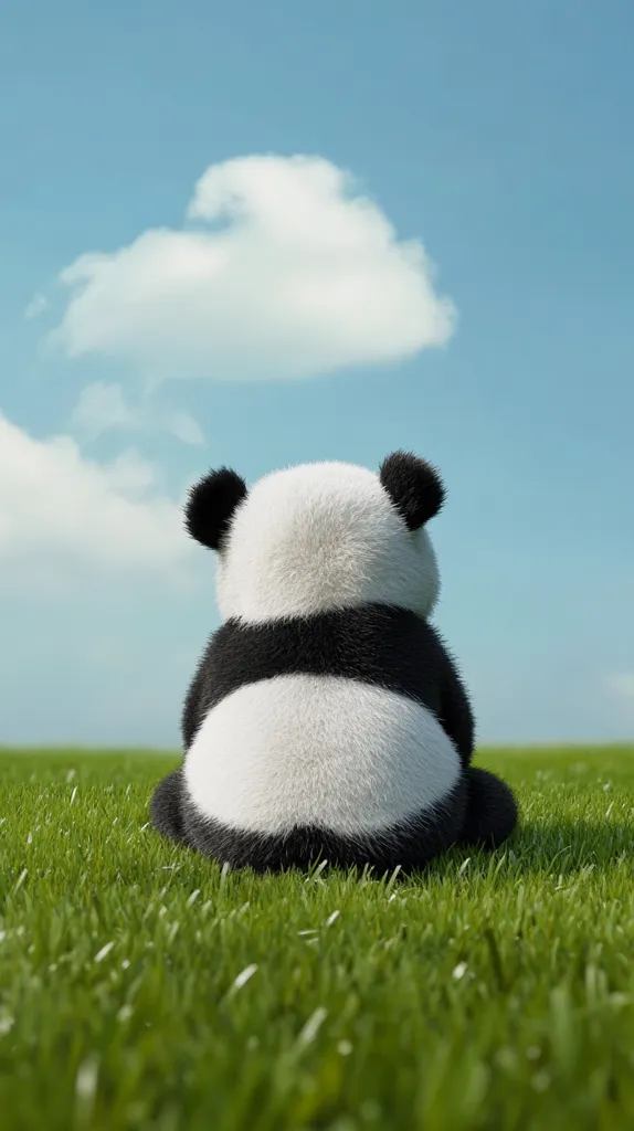 A fluffy panda sits on a grassy field, its back to the viewer. The panda is gazing at a fluffy white cloud in a clear blue sky. The lush grass surrounding the panda is green and vibrant. The image captures a moment of peaceful contemplation.