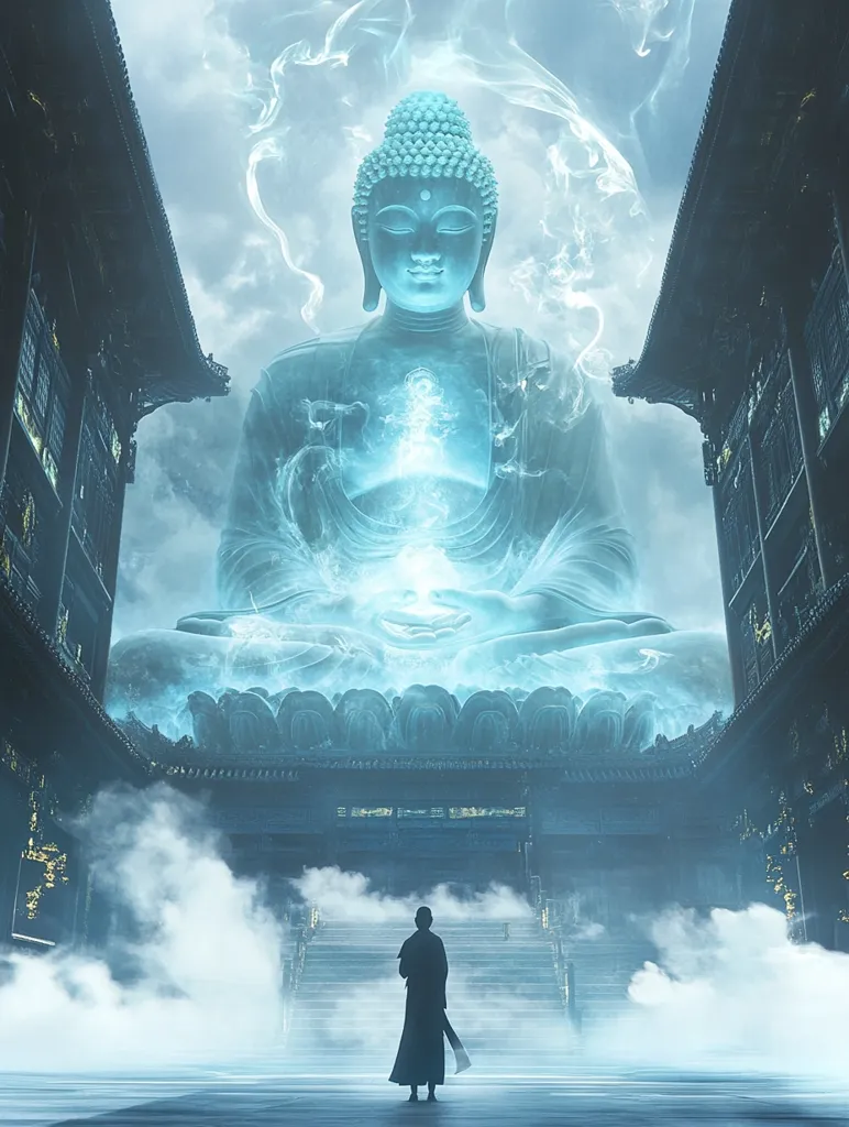 A large, serene Buddha statue, rendered in a ethereal blue, sits majestically above a temple courtyard.  A lone figure, clad in black, stands in the foreground, facing the Buddha, as if in deep contemplation.  The air is thick with mist and the feeling of spirituality.  The composition evokes a sense of peace and inner tranquility.
