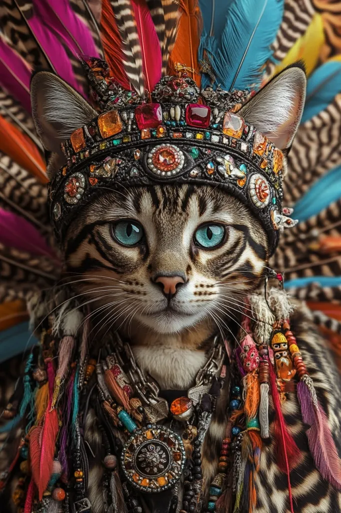 A tabby cat is wearing a colorful headdress adorned with feathers, jewels, and beads. The headdress covers the cat's head and ears, with the feathers cascading down its back. The cat's bright blue eyes gaze directly at the viewer, and its expression is serious and dignified. The headdress and other jewelry create a vibrant and intricate visual contrast against the cat's sleek fur.