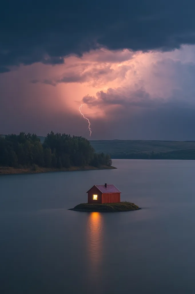 A small, wooden cabin with a lit window sits on a tiny island in a tranquil lake.  The sky above is a dramatic canvas of dark storm clouds and a single lightning bolt. The scene evokes a sense of peace and solitude, even as nature's power is displayed in the sky. The contrast between the warm glow of the cabin and the cool, grey tones of the lake and sky adds to the beauty of the image.