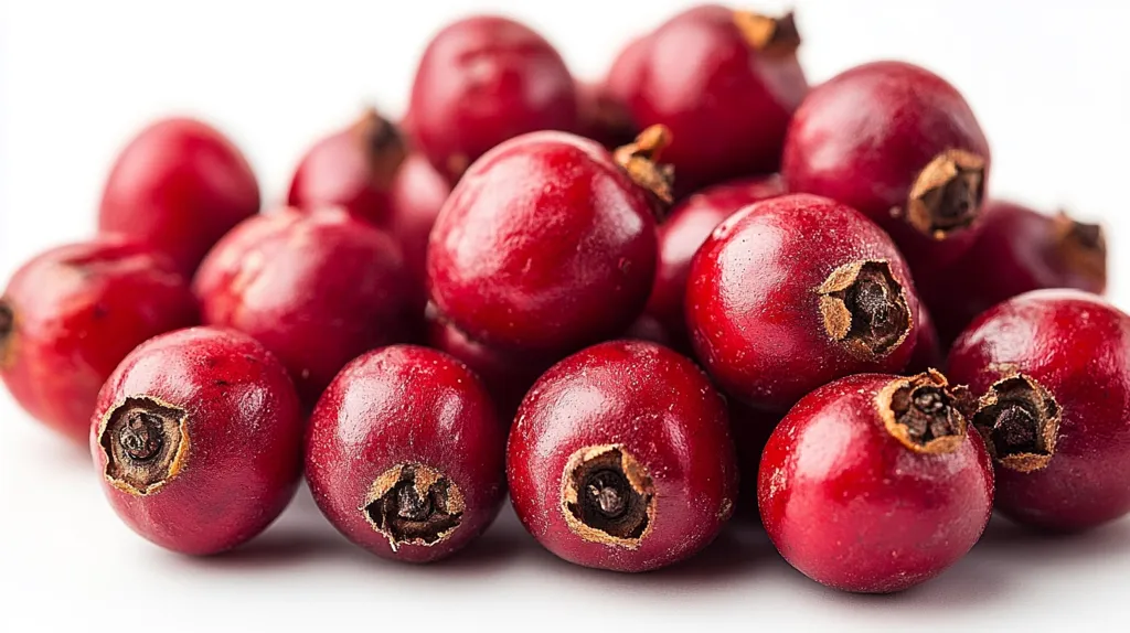 A cluster of bright red berries, some with a darker brown spot at the top, are scattered on a white surface. They are plump and juicy, with a smooth, shiny skin. The berries are arranged in a random pattern, creating a visually appealing and appetizing display.