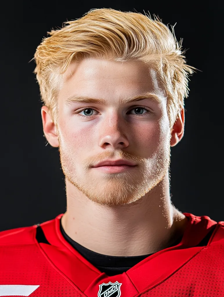 A young man with short, light blonde hair, wearing a red jersey, stares directly at the camera. He has a small amount of stubble on his chin, and his skin is fair. The background is black, and a small, black, hockey logo is visible on the bottom of the jersey.  The photo appears to be a head-and-shoulders portrait.