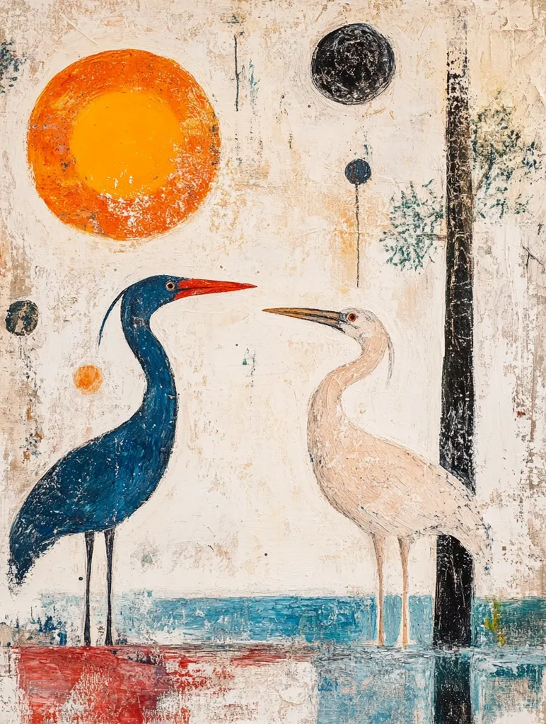The painting depicts two birds, one blue and one white, standing on a patterned ground. The background is a soft white with abstract shapes and a large orange sun. The blue bird is facing the right and the white bird is facing the left. There is a black tree trunk in the right side of the painting.  The painting is done in a stylized manner with thick paint strokes and a simplified style.