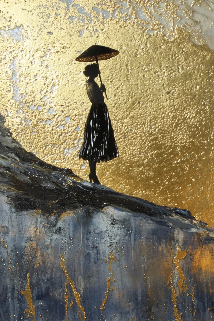 The image is a painting of a woman in a black dress holding an umbrella, standing on a rocky cliff. The background is a shimmering gold color, creating a dramatic contrast with the woman's dark silhouette. The painting is abstract and evocative, suggesting a sense of loneliness and isolation. The woman's posture and the desolate landscape evoke a feeling of melancholy and introspection.  The golden background suggests hope or a new beginning. The painting is beautifully composed, with the woman positioned prominently in the foreground, while the background is full of intricate details. It is a powerful and moving piece of art.