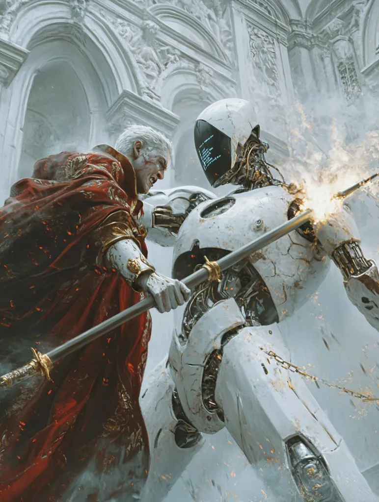 A man in a red robe and gold armor is fighting a white robotic creature. He holds a long metal spear in his right hand, and the robot is holding a similar weapon. The man's face is contorted in anger and determination as he looks at the robot. Sparks are flying from the robot's body, suggesting damage or a powerful energy source. The backdrop is a white, ornate structure, possibly a palace or temple. The scene depicts a clash between human and machine, possibly in a futuristic or fantasy setting.