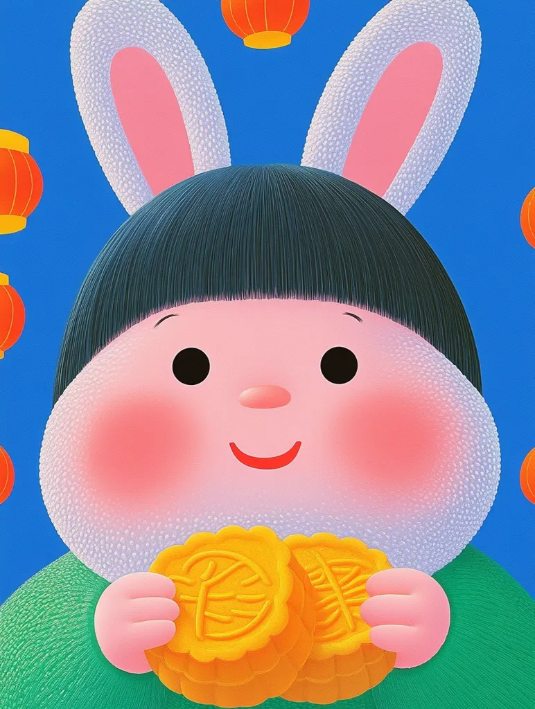 A cartoon rabbit with fluffy white ears and a green shirt is holding two mooncakes. It has a round, pink face with big eyes, and its mouth is curved into a smile. Red lanterns hang in the air behind it, creating a festive atmosphere. The background is a bright blue color.  The image is simple and playful.
