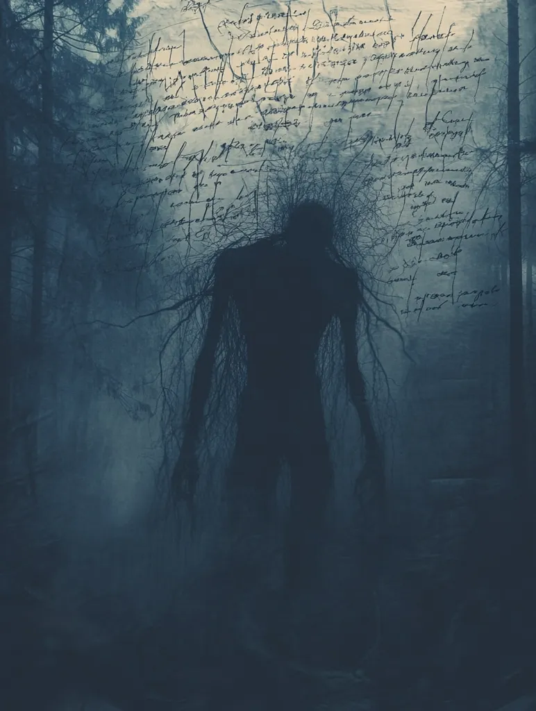 The image is a dark and eerie depiction of a shadowy figure standing in a misty forest. The figure is tall and slender, with long, spindly limbs. Its face is obscured by darkness, but it appears to be staring directly at the viewer. The forest is dense and overgrown, and the air is thick with fog. The background is obscured by a layer of handwritten script that appears to be a faded journal entry. The overall effect is one of mystery, dread, and unease.