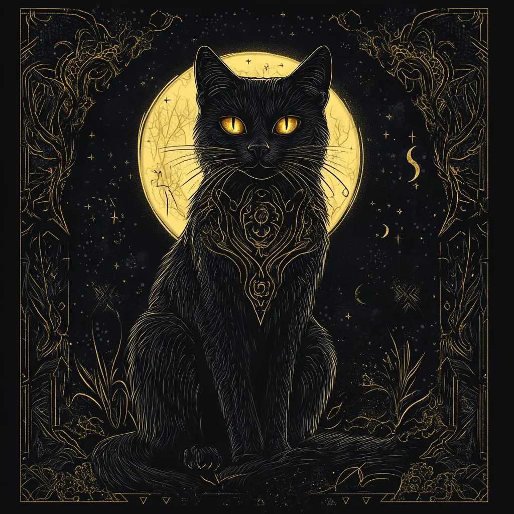 The image depicts a black cat sitting in front of a large, full moon. The cat is silhouetted against the moon, and its eyes glow with an eerie yellow light. The background is a dark and mysterious night sky, filled with stars and swirling patterns.  The cat is adorned with golden markings that resemble intricate patterns or tattoos. The image creates a mystical and enchanting atmosphere.