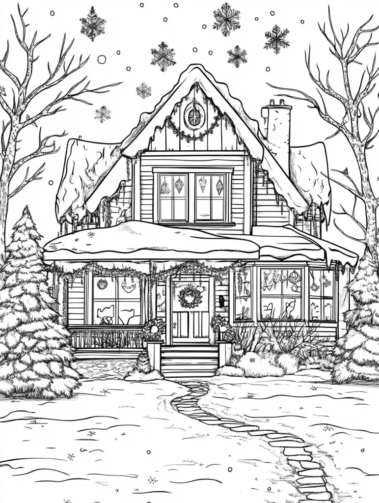 A black and white illustration of a cozy cottage covered in snow. The house has a porch with a wreath on the door and decorated windows. There are two trees in the foreground, one on each side of the house, and a winding stone path leading up to the porch. Snowflakes fall gently from the sky.