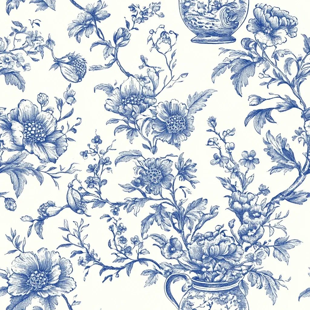 The image features a repeating pattern of blue floral designs against a white background. The floral motifs include stylized flowers, leaves, and vines. The design is reminiscent of traditional toile patterns and has a classic, elegant feel. There are also two blue and white vases interspersed throughout the design. The image has a subtle, refined aesthetic and would be suitable for a variety of applications, such as wallpaper, fabric, or home decor.