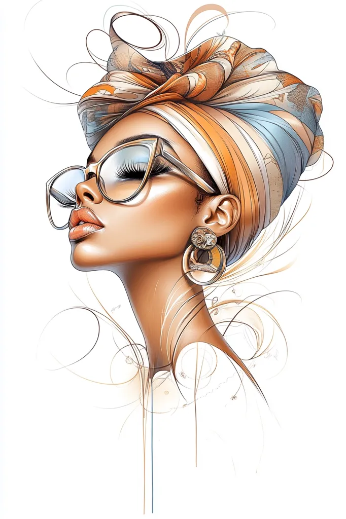 The image depicts a stylized portrait of a woman with dark skin and long eyelashes. She is wearing a large, colorful headscarf and stylish eyeglasses, with a large hoop earring in one ear. The background is white with abstract swirls and lines. The image captures a sense of elegance and beauty.