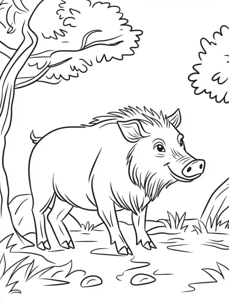 The image is a black and white outline drawing of a wild boar standing in a forest clearing. The boar is facing the right side of the image, with its head turned slightly towards the viewer. It has a thick coat of hair, short legs, and a long snout. The boar is standing on a patch of grass with a tree in the background. The drawing is simple and cartoon-like. It is perfect for coloring or as a learning tool for children.
