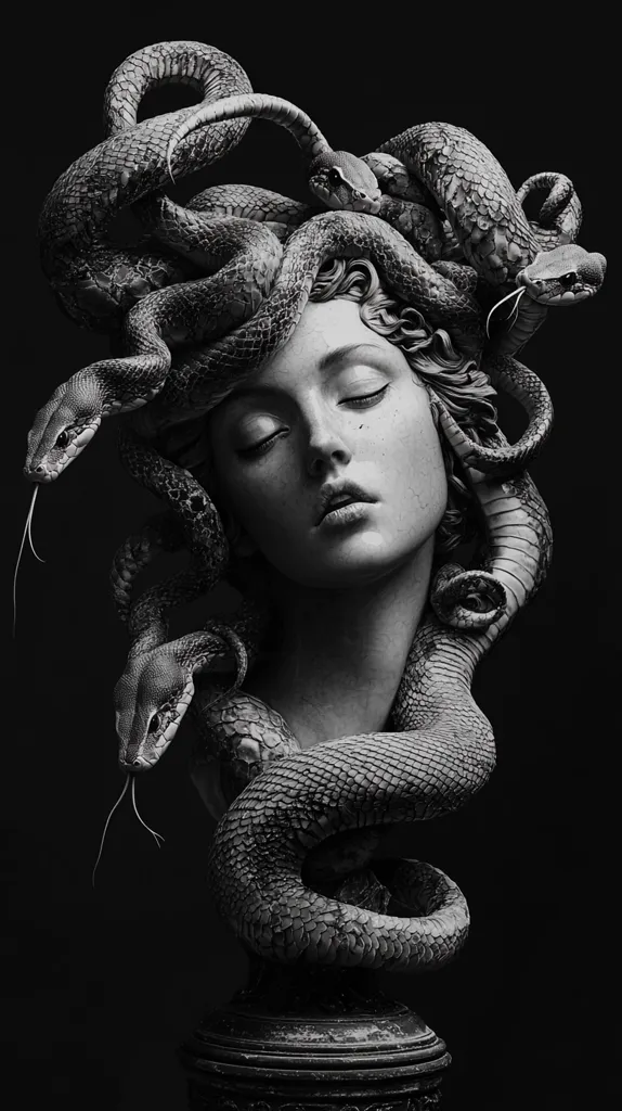 A black and white image of a statue of Medusa, the Greek Gorgon.  She is depicted with snakes for hair, and her face has a serene and slightly melancholic expression. The snakes are intertwined around her head and neck, some with their heads facing forward, and others coiled around her. The statue is set on a base, and the background is a dark, plain surface. The image evokes a sense of mystery and power.