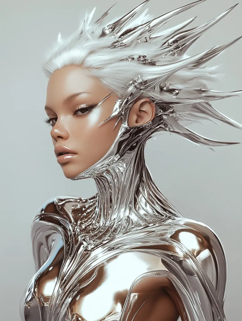 The image depicts a woman with long, white, spiky hair that appears to be made of metal. Her body is also covered in a silver, metallic material that flows and drapes around her form. The overall aesthetic is futuristic and otherworldly, with a strong emphasis on metallic textures and sharp angles. The woman's expression is calm and composed, hinting at a sense of strength and resilience.