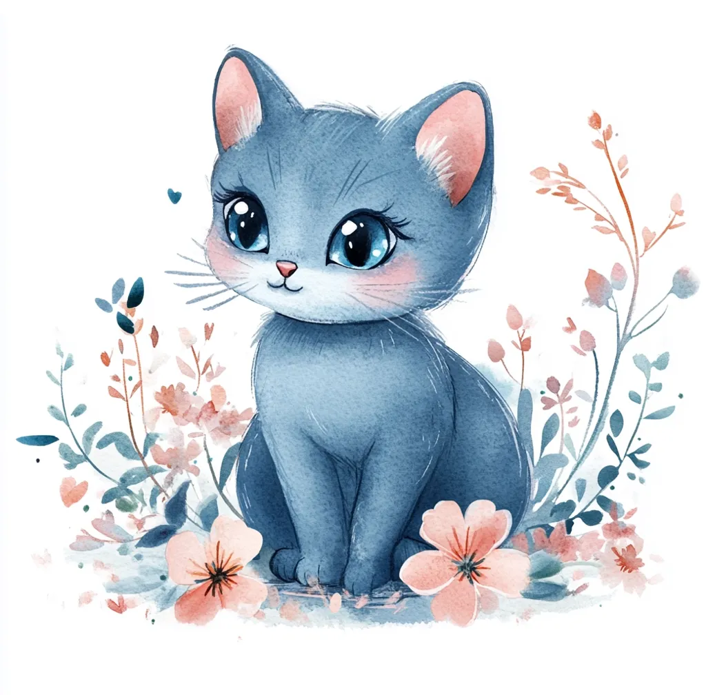 A light blue kitten with big, bright blue eyes sits in a bed of pink flowers. The kitten is painted in a watercolor style, with soft, delicate details. It has a sweet expression, and its fur looks fluffy and soft. The flowers are blooming around it, adding a touch of vibrancy to the scene. The image is a charming and whimsical portrayal of a cute kitten.