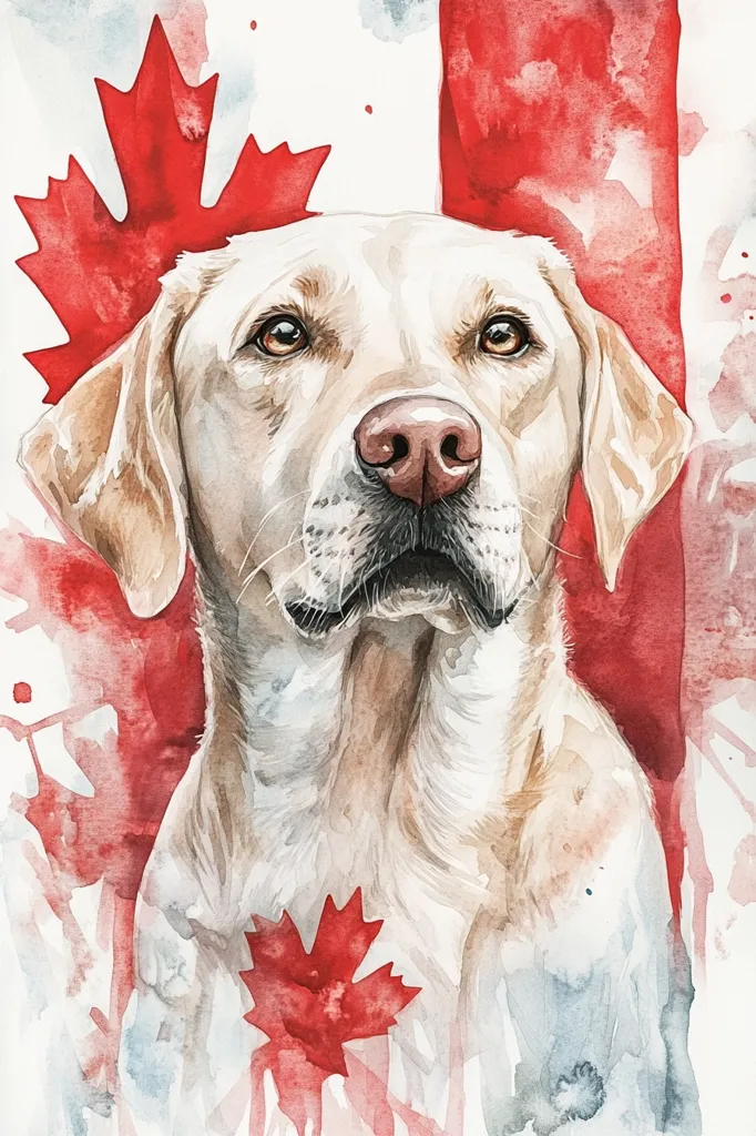A watercolor painting of a white Labrador retriever dog in front of a Canadian flag. The dog's face is the main focus, and the flag is blurred and painted in a soft, watery style. The dog has a gentle expression, and its fur is depicted with fine details. The painting has a patriotic and heartwarming feel, capturing the love and loyalty of a beloved pet.