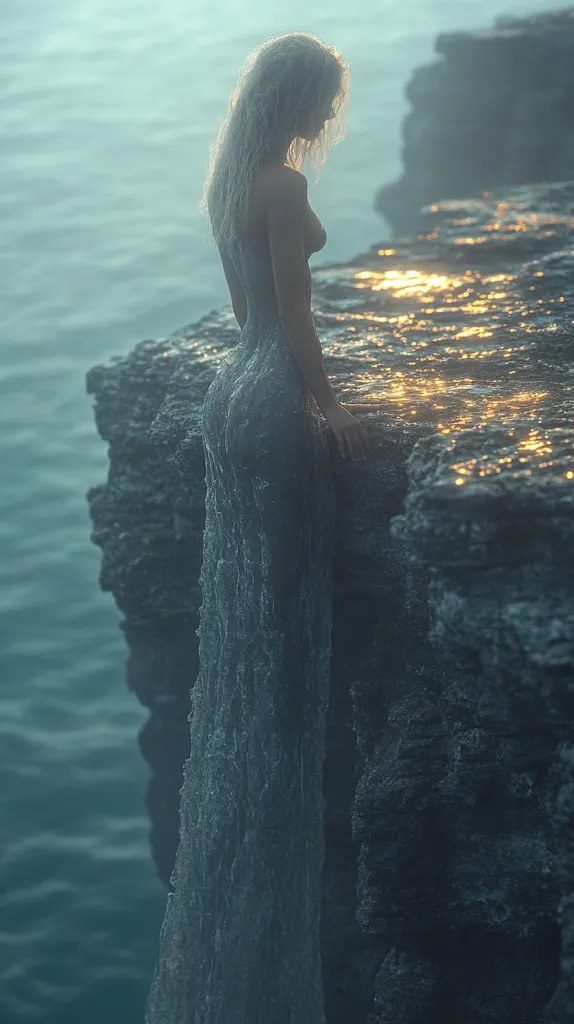 A woman with long blonde hair stands on a rocky cliff overlooking a vast body of water. She wears a flowing, sheer dress that seems to blend with the misty surroundings. The water reflects the sunlight, creating a shimmering effect. The woman's posture and the ethereal atmosphere create a sense of solitude and mystery.