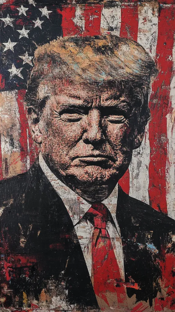 The painting depicts a close-up portrait of Donald Trump, rendered in a stylized and abstract manner. His face is weathered and worn, with strong lines and a serious expression. He is positioned against a backdrop of the American flag, which is also stylized and fragmented. The colors are bold and contrasting, with reds, blacks, and whites dominating the composition. The overall effect is one of power, authority, and perhaps even a sense of unease. The painting's abstract style and symbolic use of the American flag suggest a commentary on contemporary politics and the divisive nature of American identity.