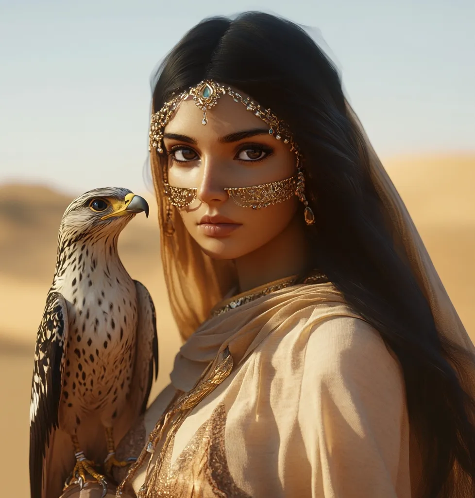A woman with long black hair, wearing a flowing beige garment and elaborate gold jewelry, including a nose ring and forehead piece, is holding a small falcon on her arm. The backdrop is a desert landscape with sand dunes. The woman’s gaze is focused on the viewer. The lighting is soft and warm, and the image evokes a sense of mystery and intrigue.