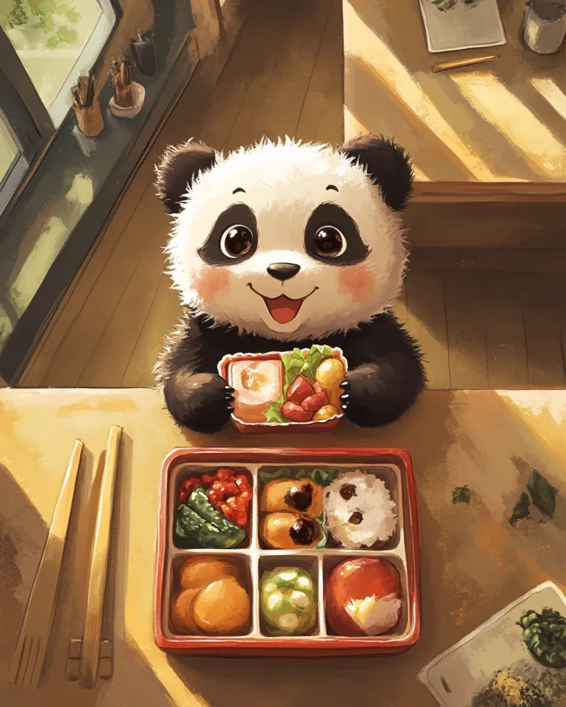 A cute panda bear sits at a table with a  bento box.  It is holding a smaller box containing fruit and vegetables.  It is looking directly at the viewer. The background shows a wooden table and a window.   Sunlight streams in, creating warm shadows. The scene is a playful and charming depiction of a panda enjoying a meal.