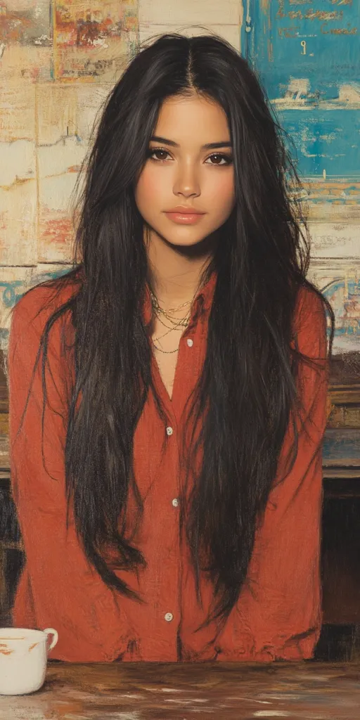 A young woman with long, dark hair is sitting at a table, wearing a bright red button-down shirt. Her expression is neutral, and she appears to be looking off to the side. She is wearing several delicate necklaces. There is a white coffee cup in front of her. The background is blurred, but a painted mural is visible. The lighting is soft, and the image has an overall warm and intimate feel.