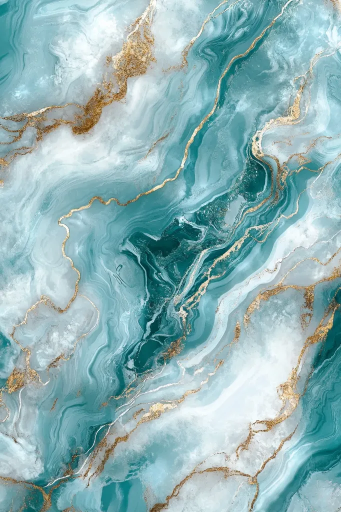 The image depicts a beautiful abstract design reminiscent of marble. Swirling patterns of light blue and teal blend together, creating a sense of depth and movement. The intricate veining is accented with glittering gold, adding a touch of luxury and glamour. The colors and textures evoke a feeling of tranquility and sophistication.