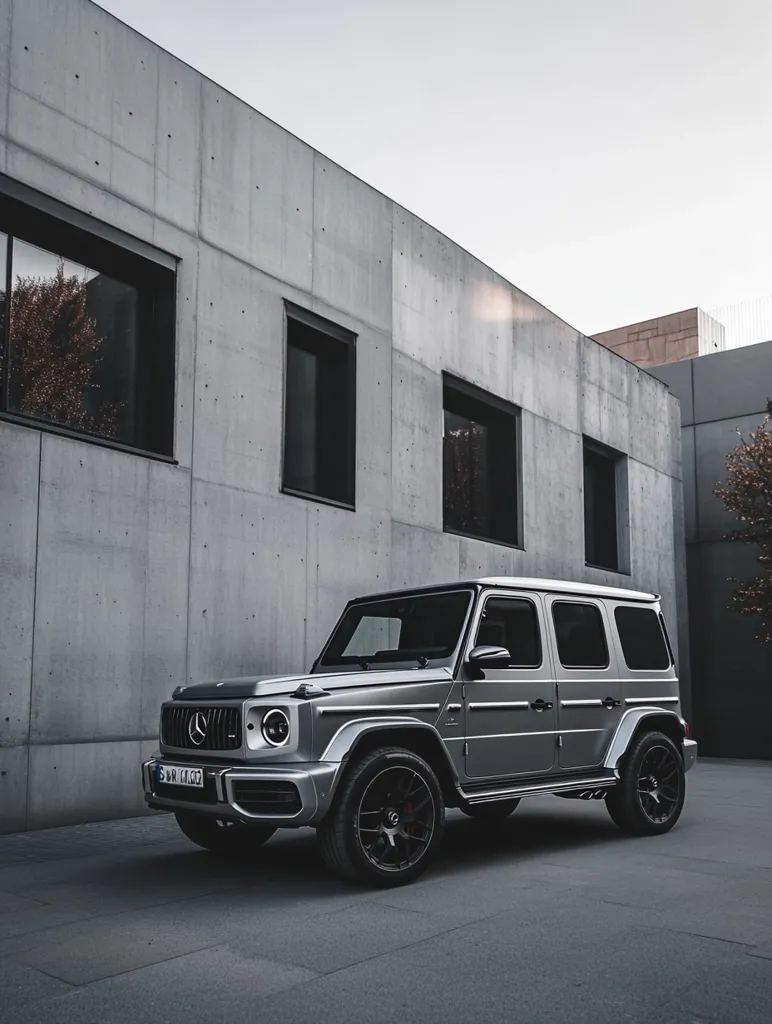A silver Mercedes-Benz G-Wagon is parked in front of a modern concrete building. The SUV is facing the camera with its front wheels turned slightly to the left. The building has large windows and a simple design. The image is taken from a low angle, giving the viewer a good view of the car's front and side. The sky is overcast and the overall mood of the image is sleek and stylish.