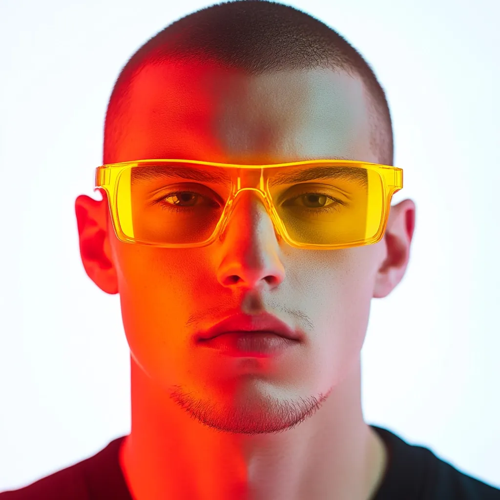 A young man with short, dark hair is wearing bright yellow, angular sunglasses. His face is half in shadow and half illuminated by red light. He has a serious expression, with his mouth slightly open. The background is a soft white. The image has a sharp focus and a high contrast.