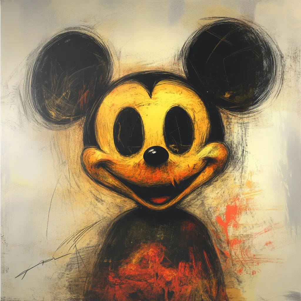 A distorted and unsettling painting of Mickey Mouse. The image is rendered in a dark and gritty style with heavy use of brushstrokes and splattered paint. Mickey's eyes are large and black, giving him an unnerving expression. The overall effect is disturbing and creates a sense of unease.