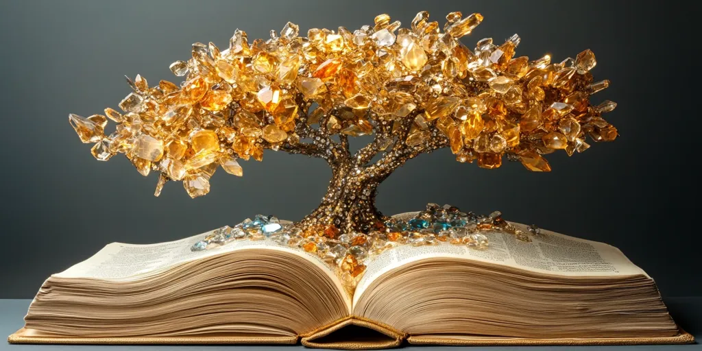 A golden crystal tree, formed from hundreds of small, shimmering crystals, stands atop a large, open book. The book's pages are aged and yellowed, creating a sense of history and wisdom. The tree's branches reach out gracefully, showcasing the intricate details of the crystal formation. The overall effect is one of beauty, elegance, and a powerful symbol of knowledge and growth.