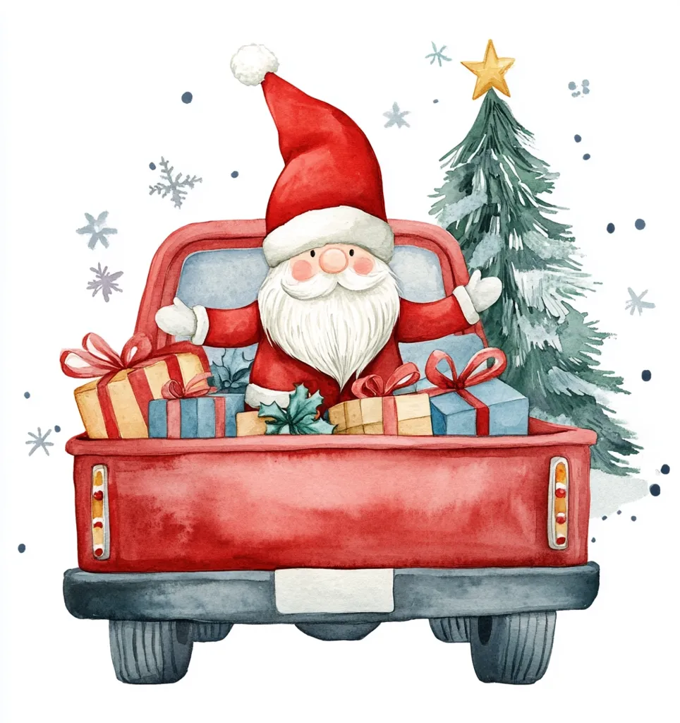 A watercolor illustration of Santa Claus in a red truck with presents and a Christmas tree. Santa is wearing a red suit and hat, and he is smiling. The truck is red and has a white bed. The presents are wrapped in different colors, and the Christmas tree is green and has a star on top. The background is white with snowflakes. The image is a festive and fun depiction of Christmas.