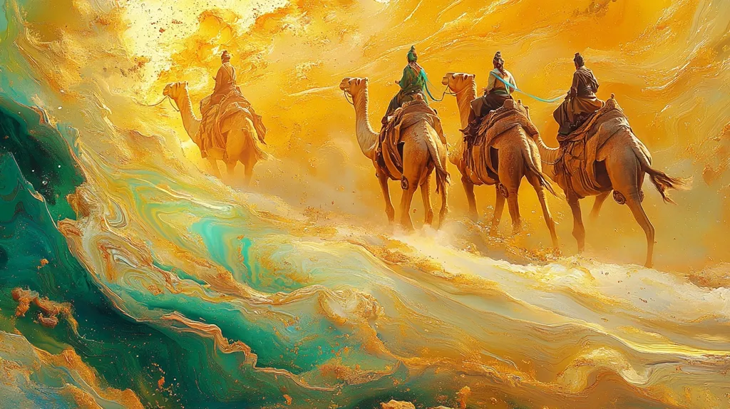 Four camels are depicted walking across a sandy desert landscape. The camels are carrying riders, some of whom are wearing flowing robes and turbans. The sky above is a vibrant yellow, with streaks of gold and red. The sand below is a mix of yellow, green, and brown, giving the impression of flowing water. The camels are walking in a single file, their backs slightly arched.