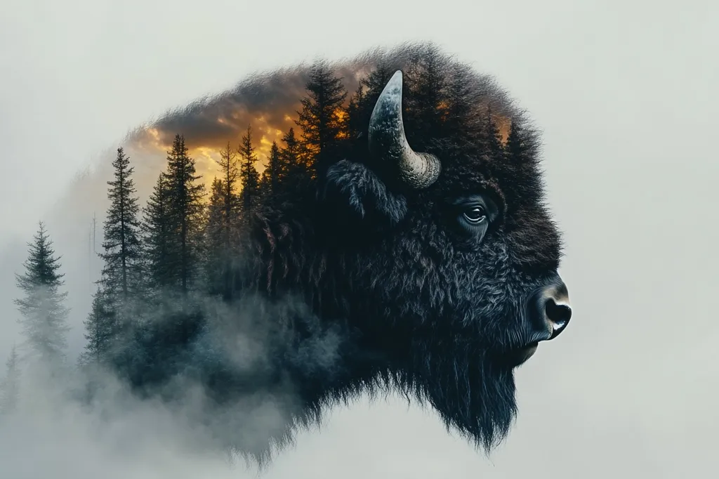 The image is a double exposure of a bison and a forest. The bison is facing to the right of the frame, and the forest is superimposed onto the bison's body. The forest is composed of tall, slender trees with a hazy, ethereal quality. The bison's fur is dark and shaggy, and its horns are long and curved. The overall effect is one of mystery and wonder.