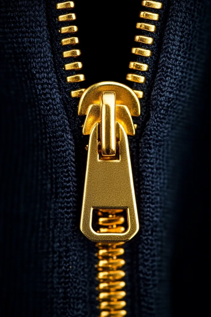 A close-up shot of a gold zipper on a black fabric. The zipper is open, and the teeth are visible. The zipper is shiny and reflects the light. The fabric is dark and textured. The image is a study in contrasts, with the bright gold of the zipper standing out against the dark fabric.  The focus is sharp on the zipper, creating a sense of depth. The zipper appears to be part of a garment, and the image suggests a feeling of closure or security.