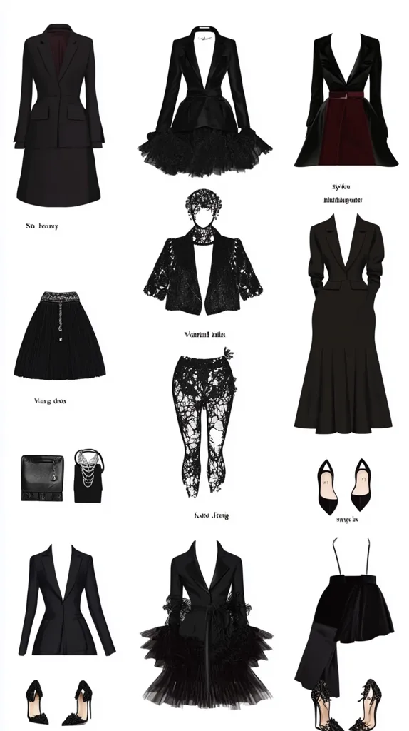 The image features a collection of black clothing items. There are blazers, dresses, skirts, leggings, shoes, and handbags.  The clothes are styled in a gothic and elegant aesthetic with lace detailing and intricate designs. The items are arranged in a collage format, showcasing the diverse range of pieces. Each item is labeled with a descriptive title, providing further information about the clothing.  The overall tone of the image is sophisticated and edgy.