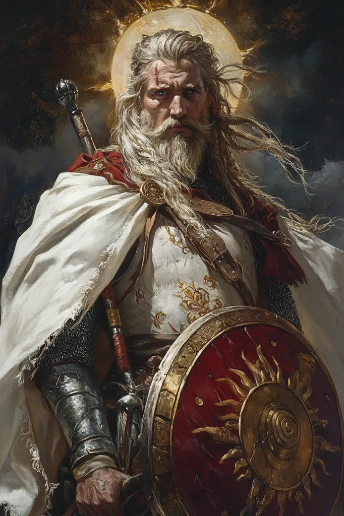 The image depicts a warrior, likely a knight or a soldier, standing in a dramatic pose with a halo-like light shining behind him. He has long, white hair and beard, and his face is weathered and stoic.  He wears a white cloak over chainmail armor, holding a large shield with a sun motif and a sword with a red ribbon. The background is dark and foreboding, emphasizing the warrior's strong and imposing presence. The overall impression is one of power, determination, and a sense of duty.