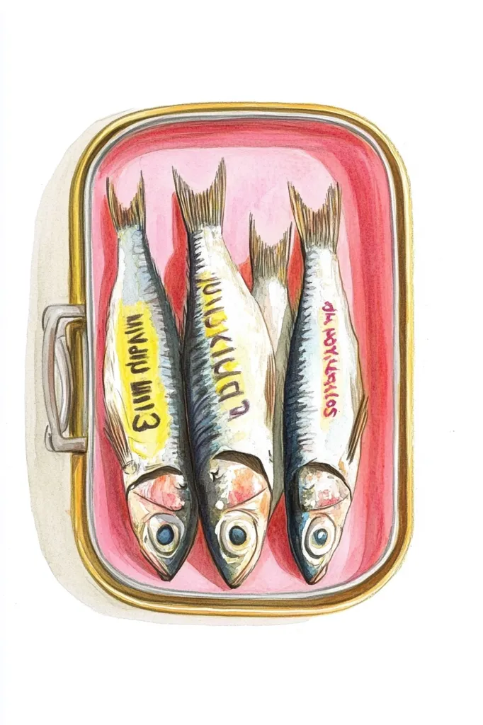 The image is a watercolor painting of a can of sardines. The can is open and three sardines are visible, arranged in a row. The sardines are labeled with the words "Delicious," "Swim Dip Swim," and "So Many Muscles." The can is pink with a gold rim. The painting is a humorous take on the everyday product of canned sardines.