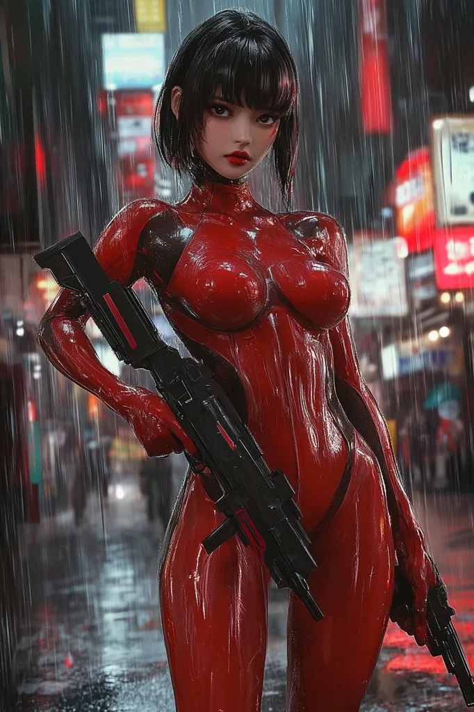 A woman in a bright red, wet suit stands in the rain, holding a large, black gun.  Her black hair is styled with bangs, and her makeup is dark and dramatic. She stares intensely at the camera, her expression serious and focused. She is framed by a blurry, neon-lit city background, suggesting a futuristic or cyberpunk setting. The rain falls around her in sheets, adding to the sense of intensity and danger.