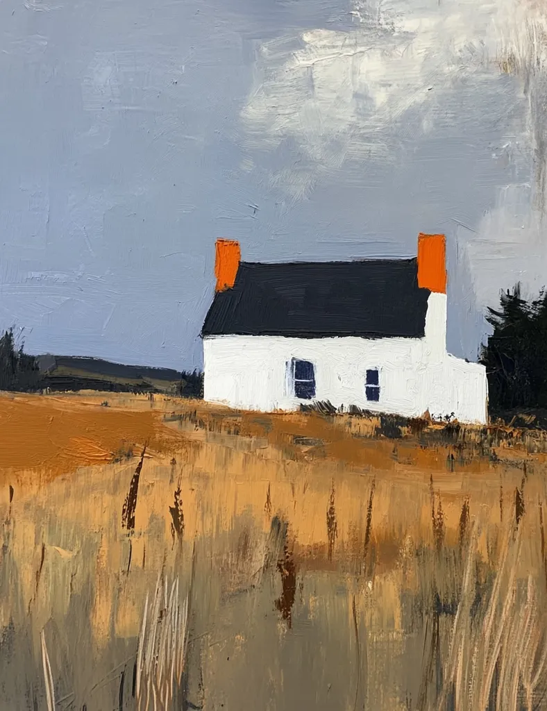 The painting depicts a simple white house with a black roof and orange chimneys, situated against a backdrop of a hazy blue sky with a single white cloud. The house stands on a field of brown and green grass, creating a peaceful and serene atmosphere. The brushstrokes are loose and expressive, adding a touch of texture and depth to the image. The overall impression is one of quiet solitude and the beauty of rural landscapes.