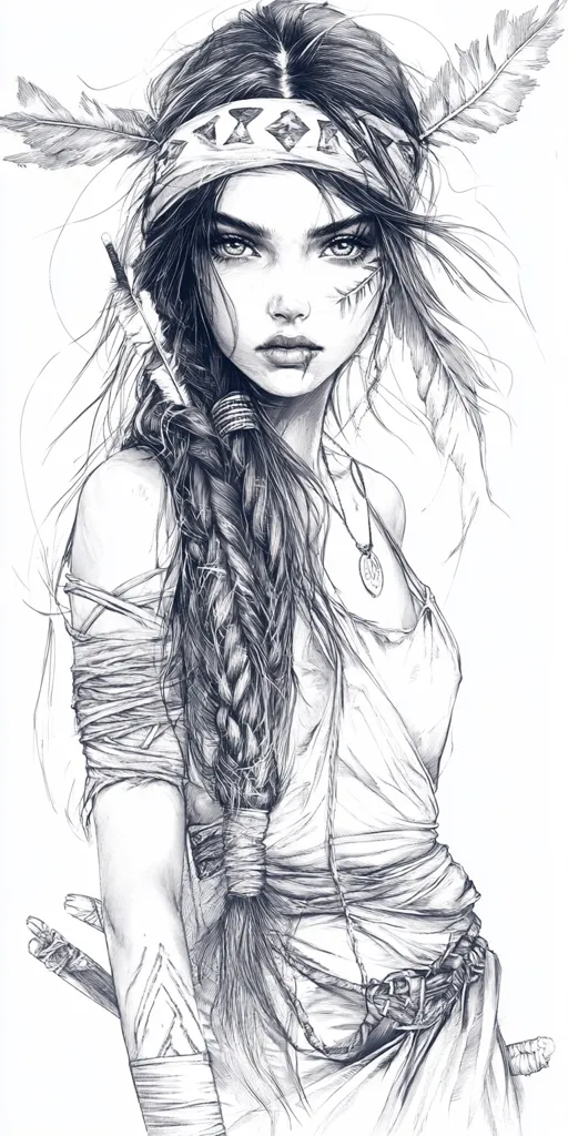 A detailed pencil drawing of a young woman with long, braided hair. She is adorned with feathers, a headband with geometric designs, and a necklace. Her expression is serious and determined, and her clothing is simple but stylish. The drawing captures the beauty and strength of the woman's character. The artist has used shading and detail to create a sense of depth and realism.