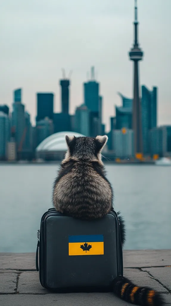 A raccoon sits on a black suitcase with a Canadian flag sticker on it. The raccoon's tail hangs off the suitcase. The raccoon faces away from the viewer toward the city skyline in the background. The tall CN tower is prominently visible in the skyline.  The scene is shot from a low angle, emphasizing the city skyline.