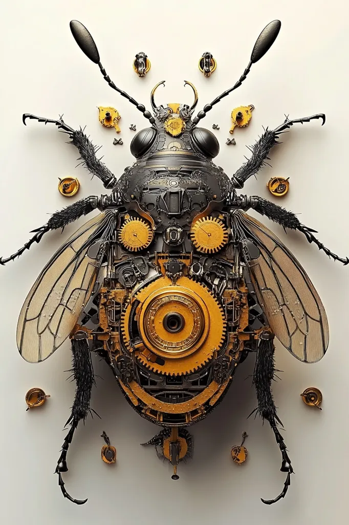 A steampunk-inspired bee is meticulously constructed from intricate gears, cogs, and clockwork mechanisms. Its black body is adorned with gold accents, and its wings are delicate and translucent. The bee's head is a complex assembly of gears and dials, suggesting a hidden internal clockwork.  The artwork is a testament to the beauty of mechanical ingenuity.