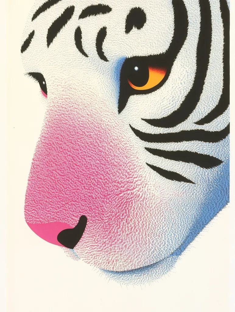 The image is a close-up of a white tiger's face. The tiger has black stripes and a bright orange eye. The tiger's nose and mouth are pink and the fur is rendered with a stipple effect. The background is white, highlighting the tiger's face. The image is simple yet striking.
