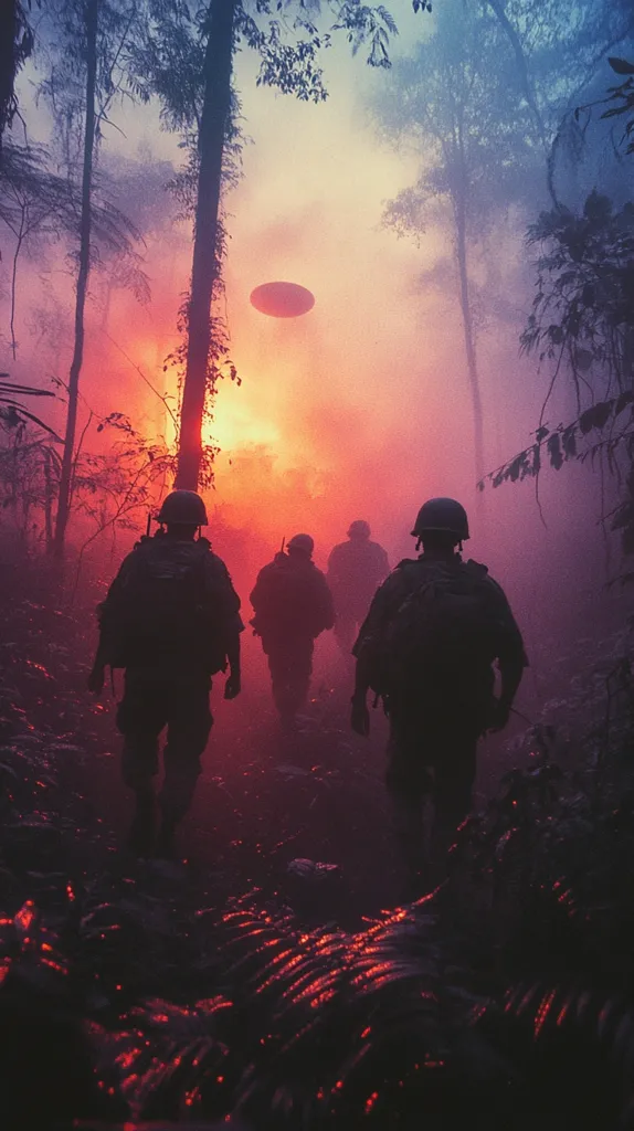 The image depicts four soldiers walking through a dense forest.  The sky is a vibrant pink and orange, and a disc shaped object hovers above. The soldiers are silhouetted against the bright sky, giving them a mysterious and ominous feel. The scene is illuminated by an unknown light source, creating a sense of unease. The forest is filled with smoke and fog, adding to the sense of mystery.  The image is evocative of a tense and suspenseful situation.