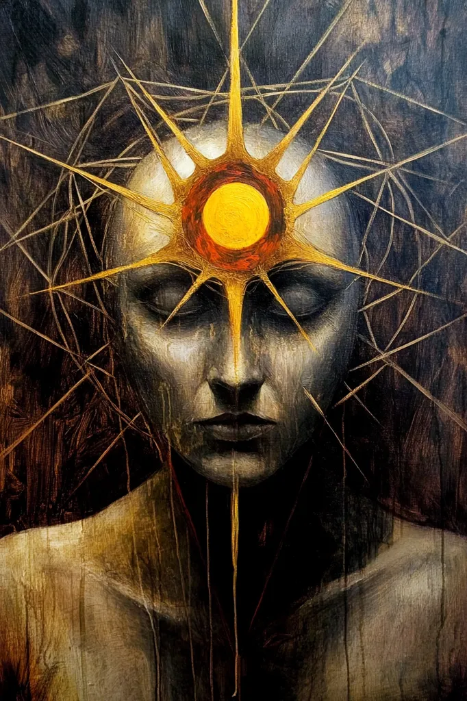 The painting depicts a woman's face with a stylized sun radiating from her forehead.  Her eyes are closed, and she appears to be in a state of meditation. The background is a dark, textured canvas with a golden web-like pattern. The overall mood is one of mystery and spirituality.  The combination of the sun and the web suggests a connection to the divine or to a higher power.