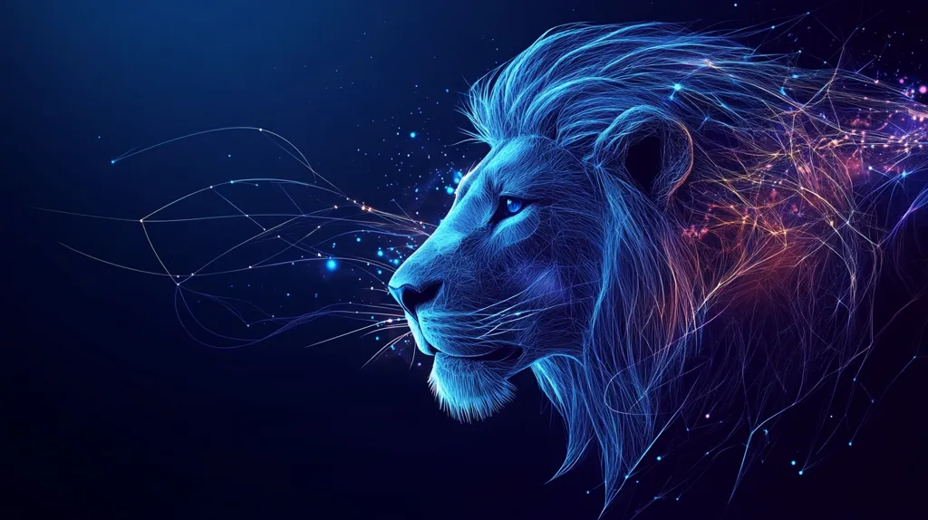 The image depicts a stylized lion's head in a profile view, rendered with glowing lines of light. The lines are interconnected, creating a sense of energy and movement. The lion's face is highlighted with a deep blue, while the mane and surrounding space are infused with a mix of blue and faint orange hues. The image has a mystical and abstract feel.